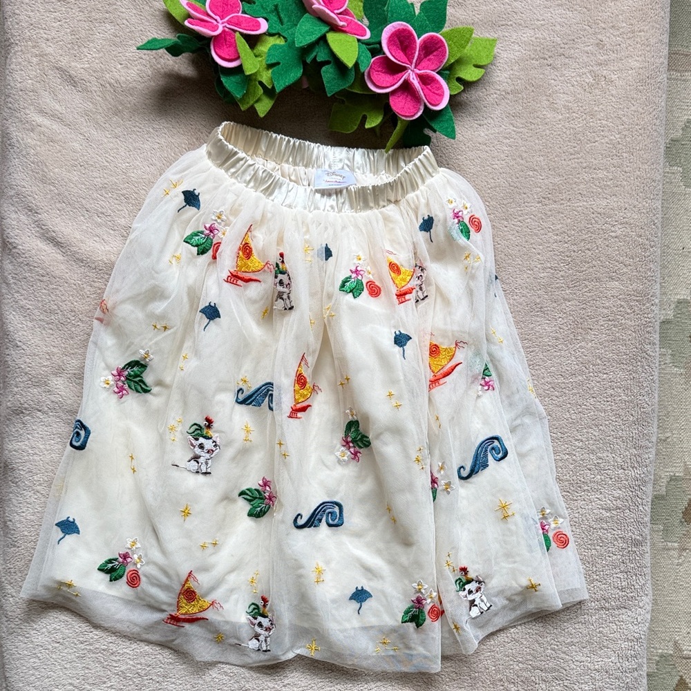 Hanna Andersson Moana Embroidered Tulle Skirt with flower crown